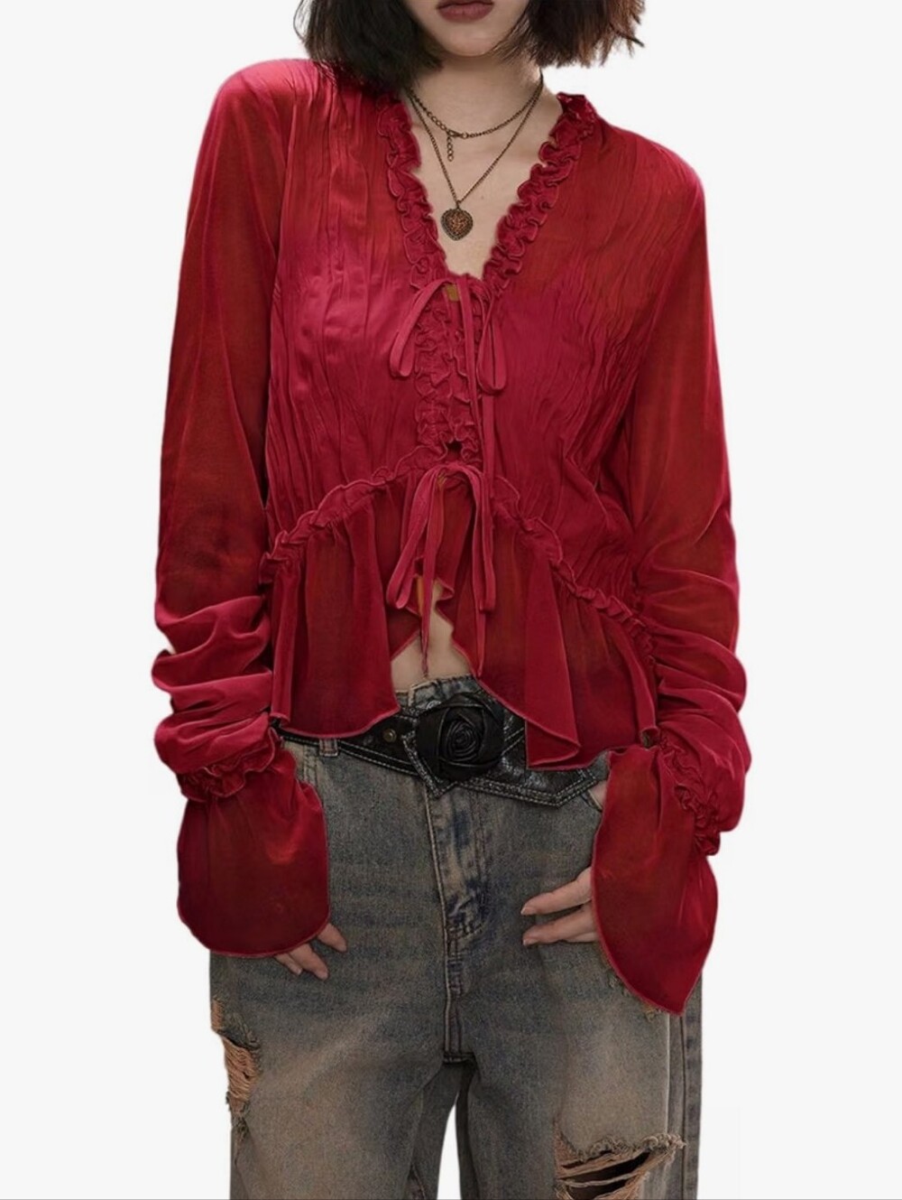 Ruffled Tie-Front Red V-Neck Blouse